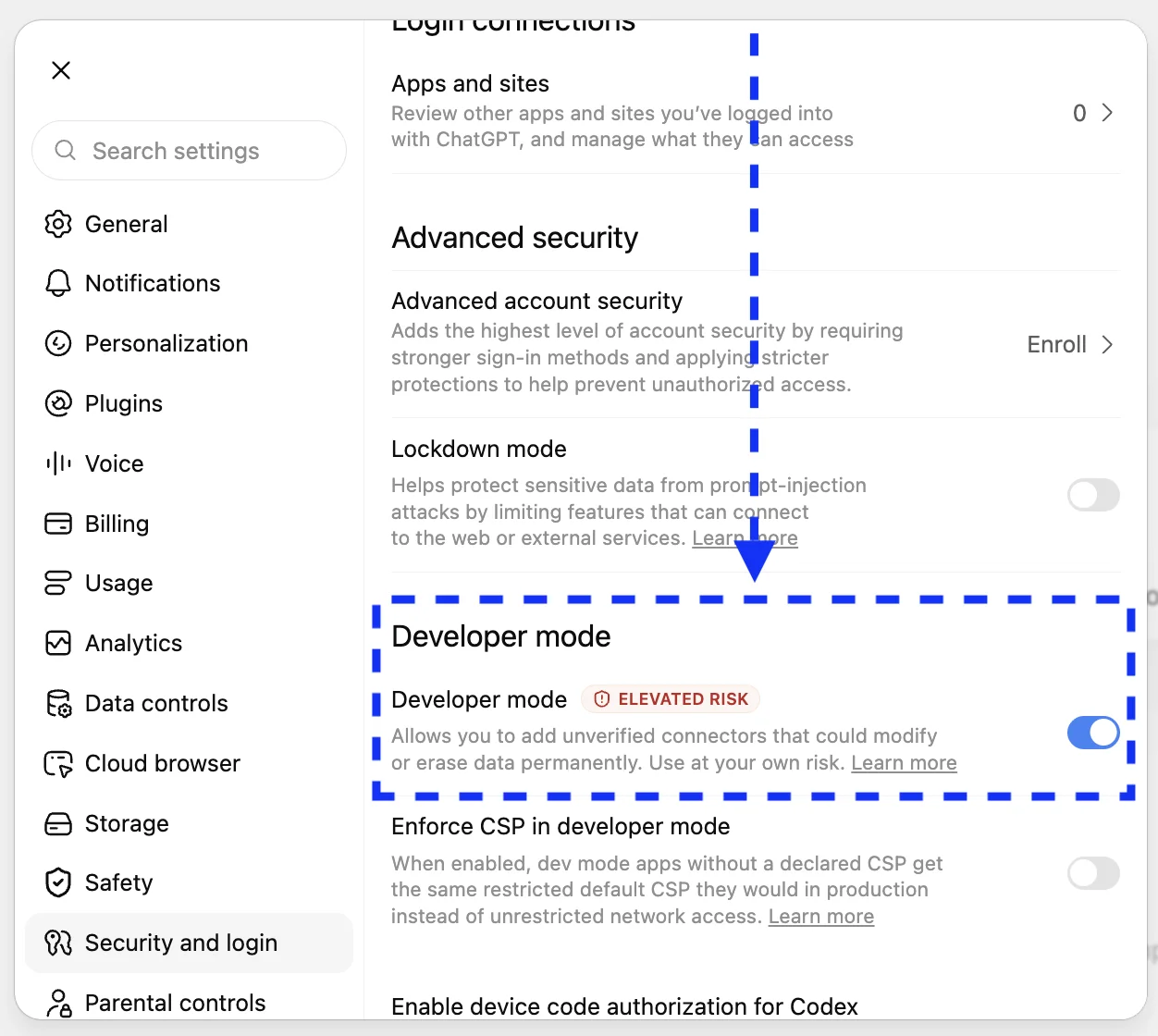 ChatGPT's Security and login settings, with the Developer mode toggle on and tagged ELEVATED RISK.