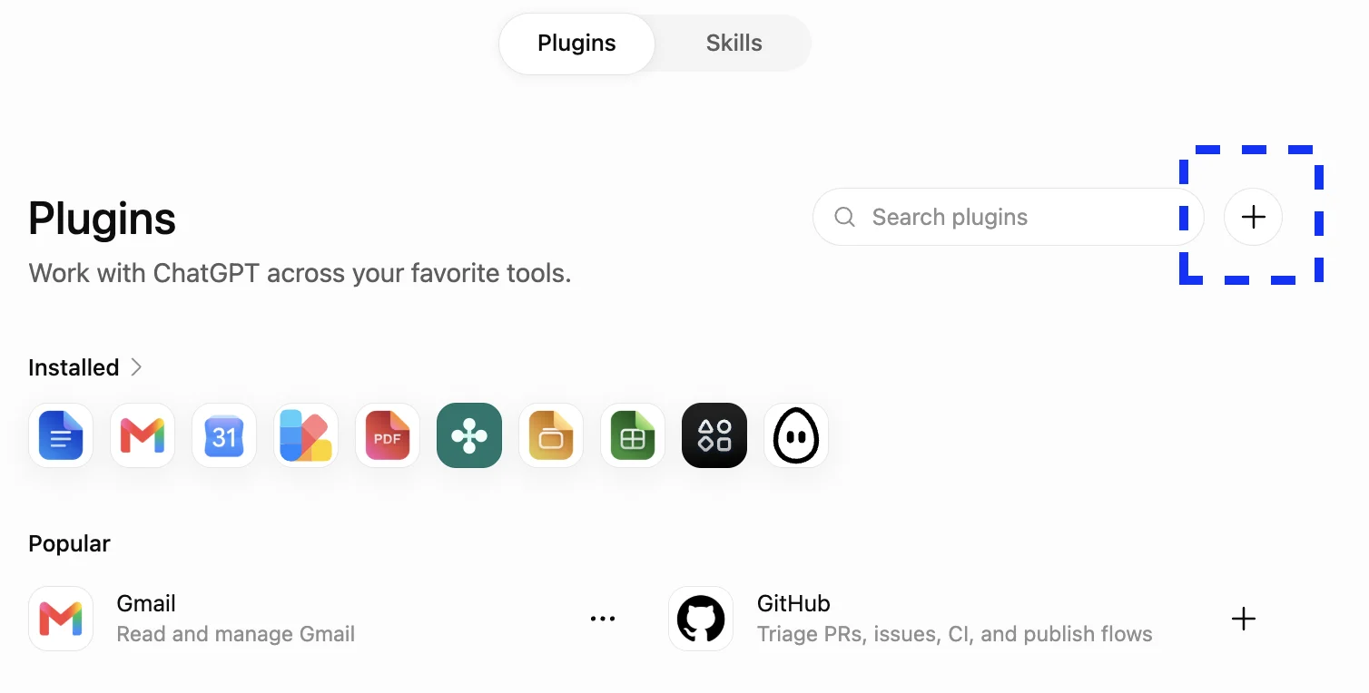 ChatGPT's Plugins page, with the + beside its search box marked.