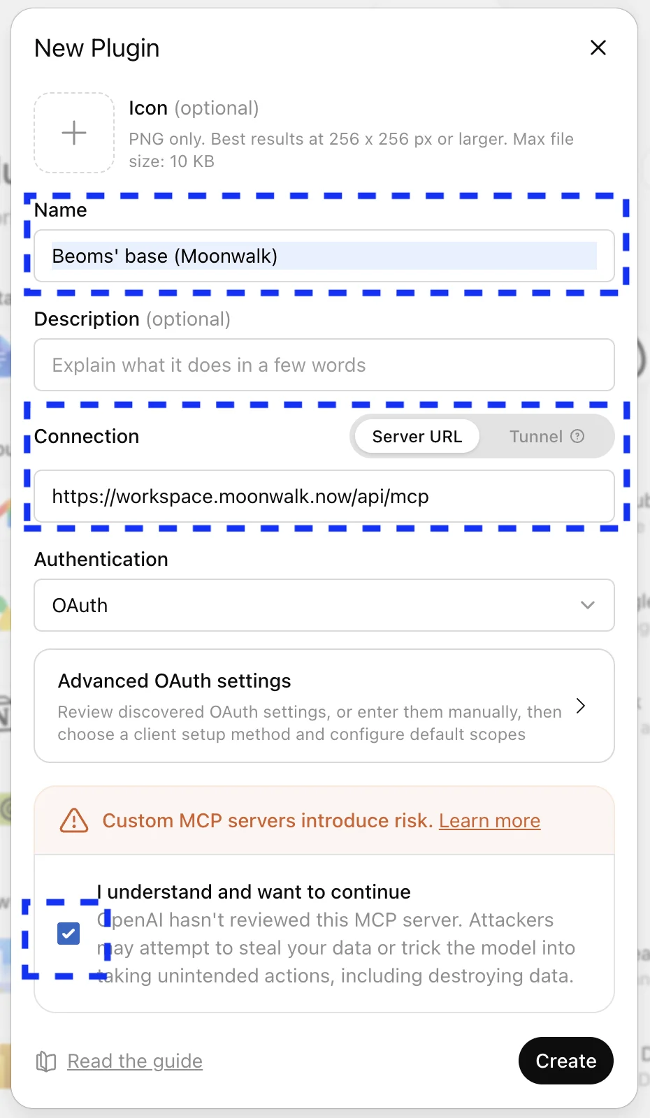 ChatGPT's New Plugin dialog: a name and the Server URL filled in, Authentication on OAuth, and the risk checkbox ticked.