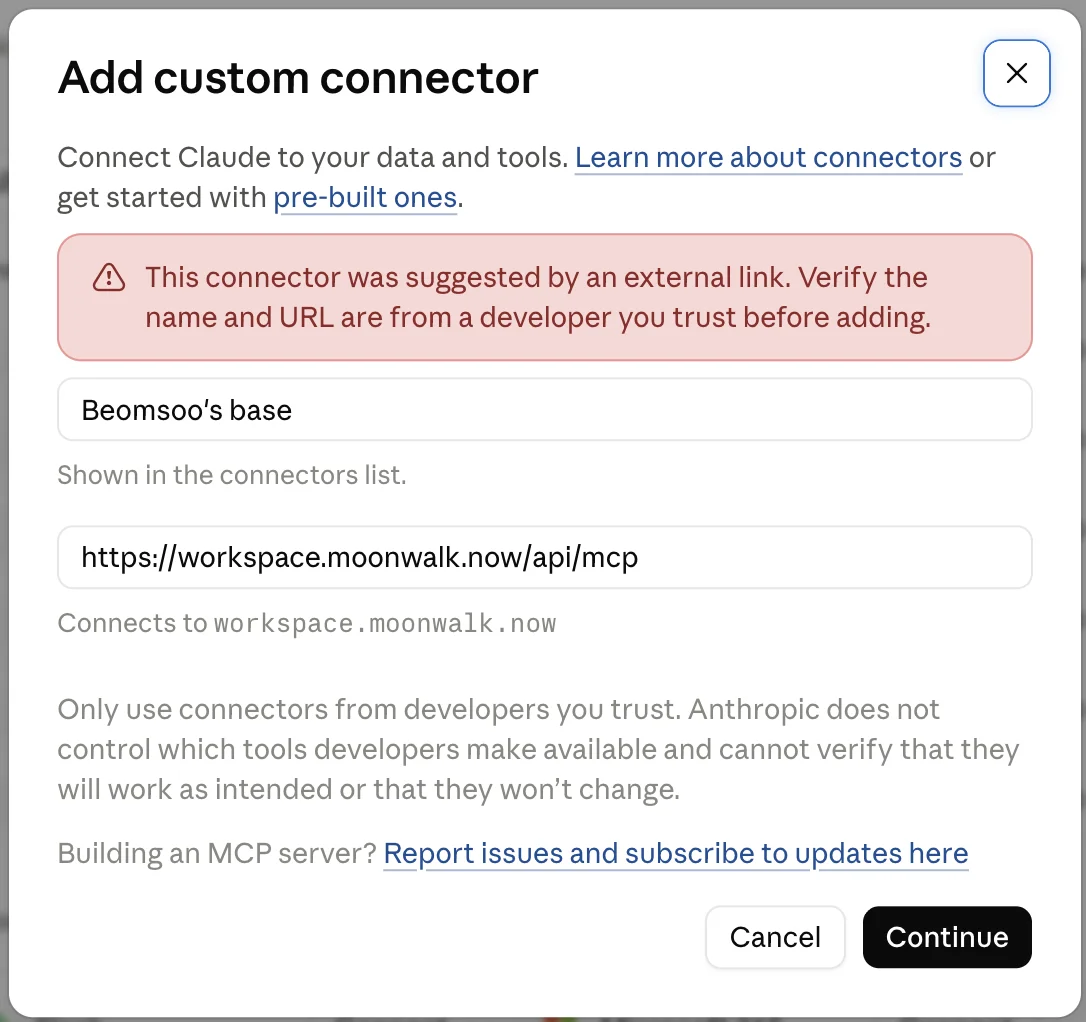 claude.ai's Add custom connector dialog with a name and the server URL filled in.