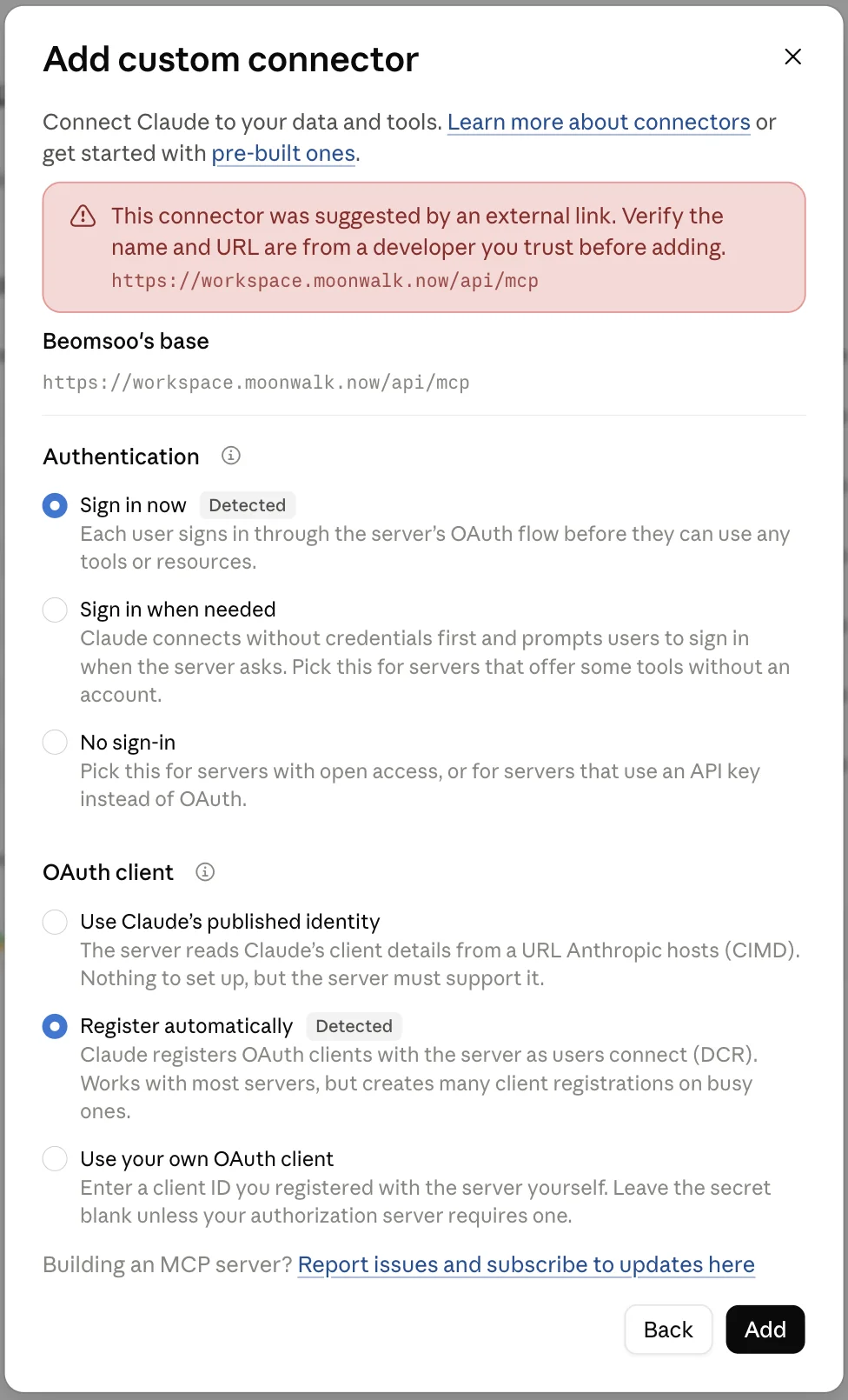 The dialog's second screen: Authentication on Sign in now and OAuth client on Register automatically, both tagged Detected, with Add at the foot.