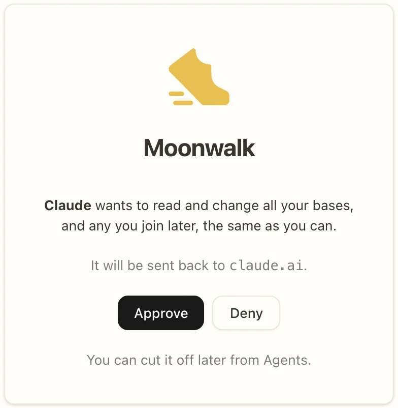 Moonwalk's consent card: Claude wants to read and change all your bases, with an Approve button.
