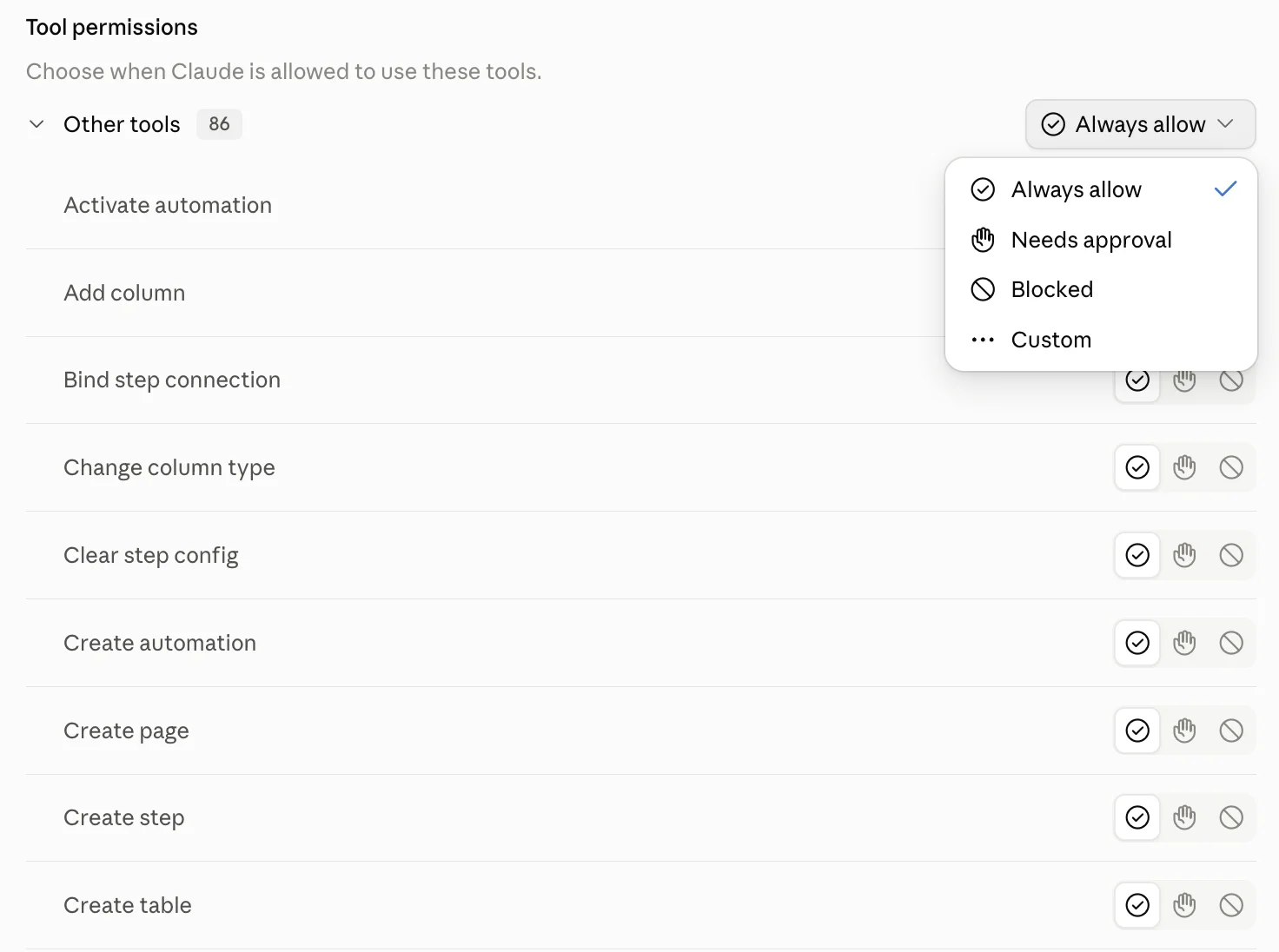claude.ai's Tool permissions, the setting for every tool open on Always allow.