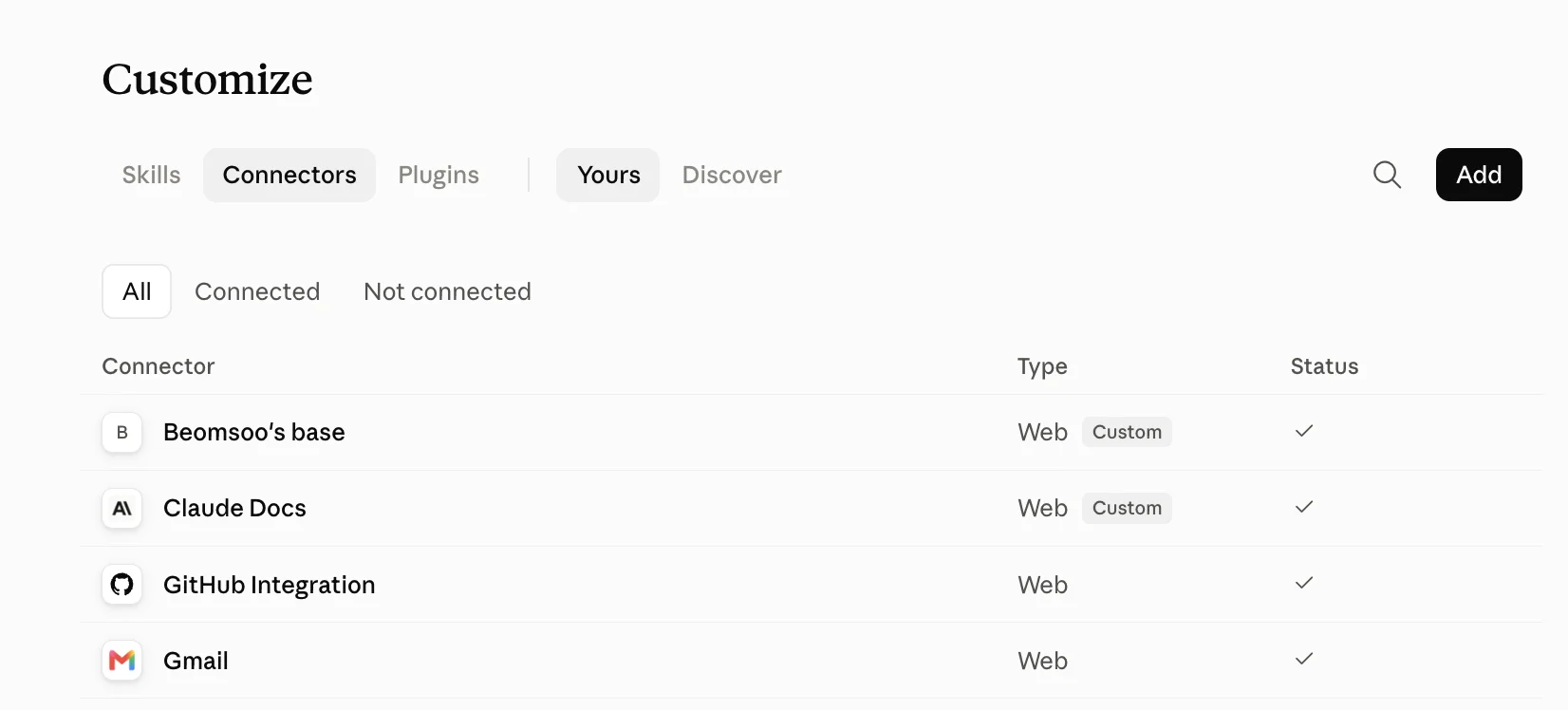 claude.ai's connector list, the new connector at the top, marked Custom and connected.