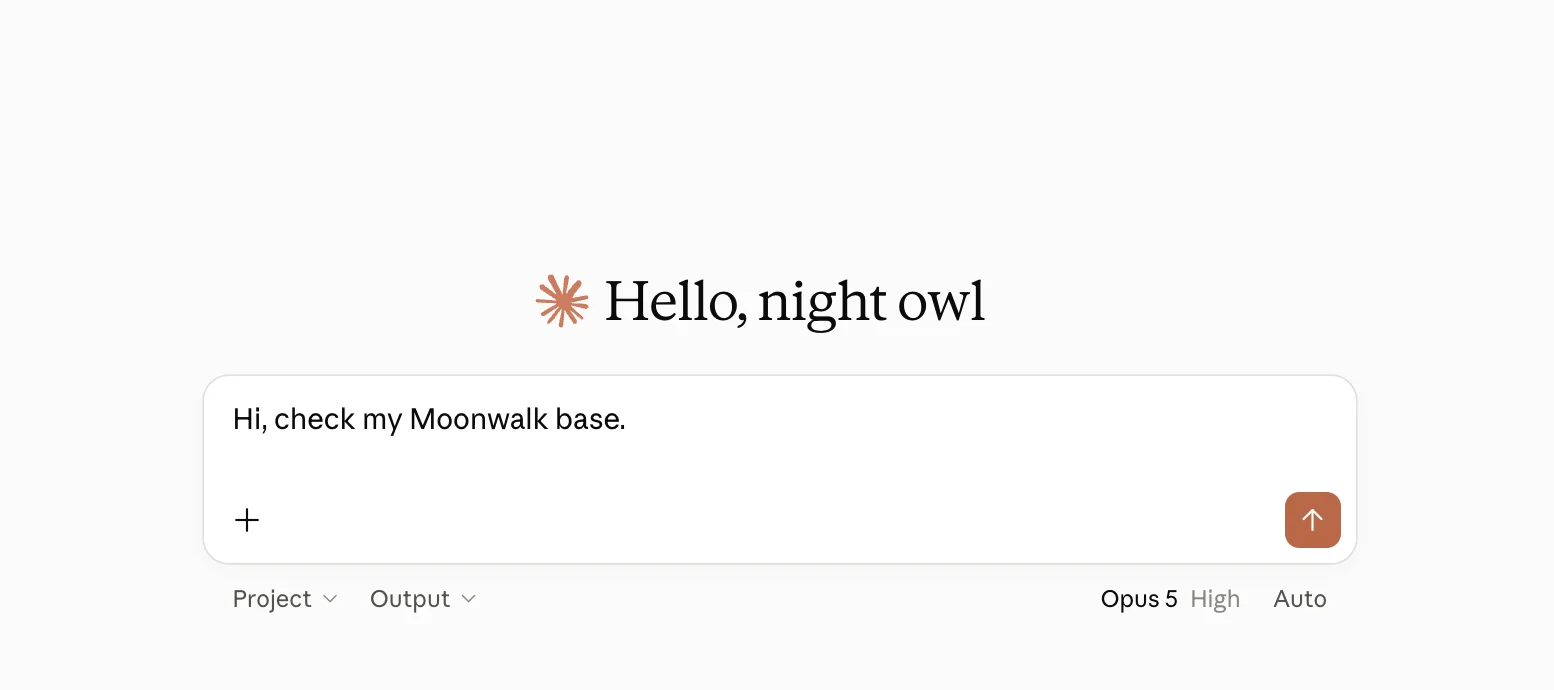 A new claude.ai chat with a message to check the Moonwalk base typed in.
